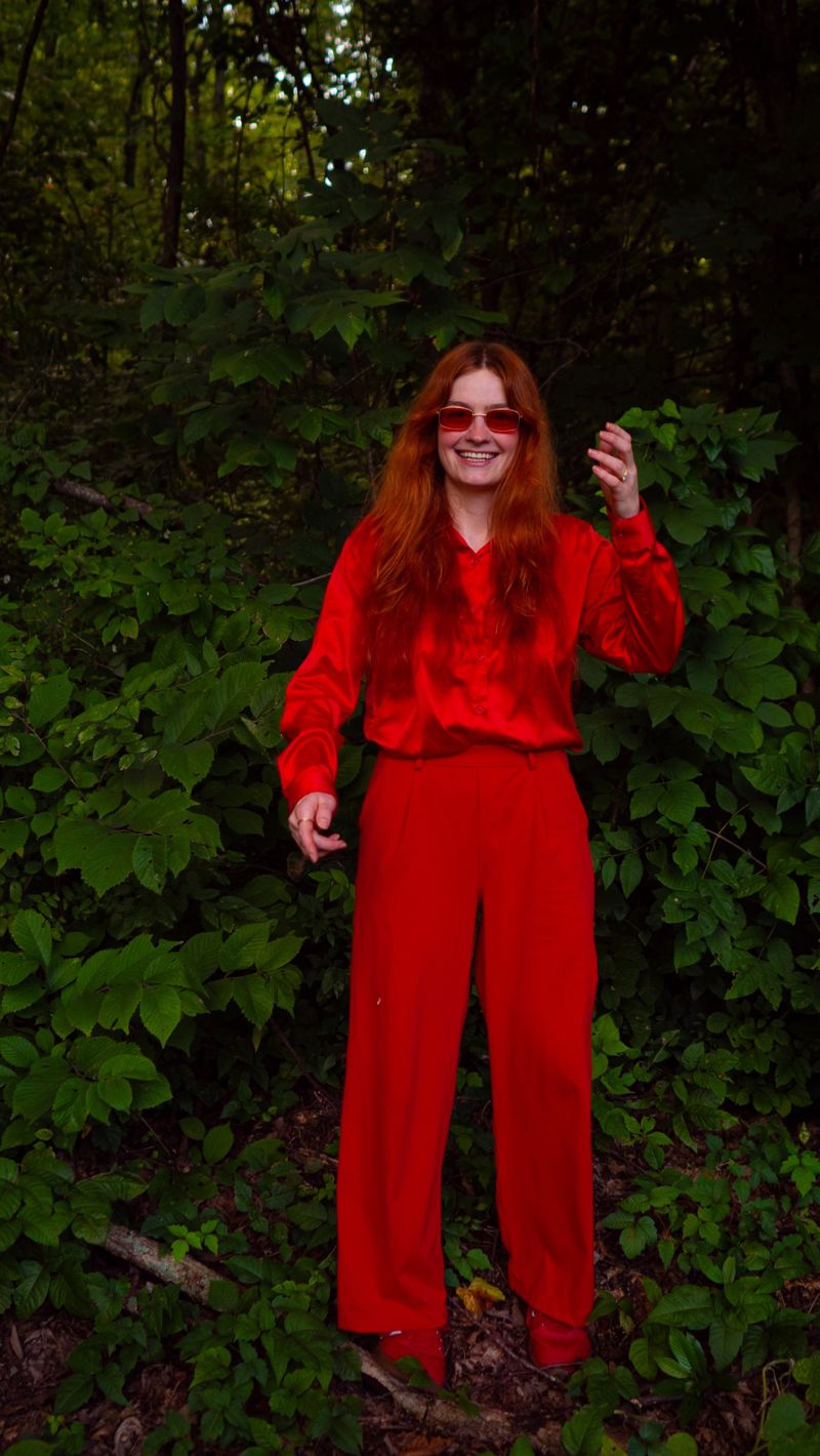Shannon in red satin in the woods