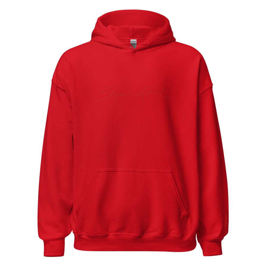Red hoodie with embroidered signature