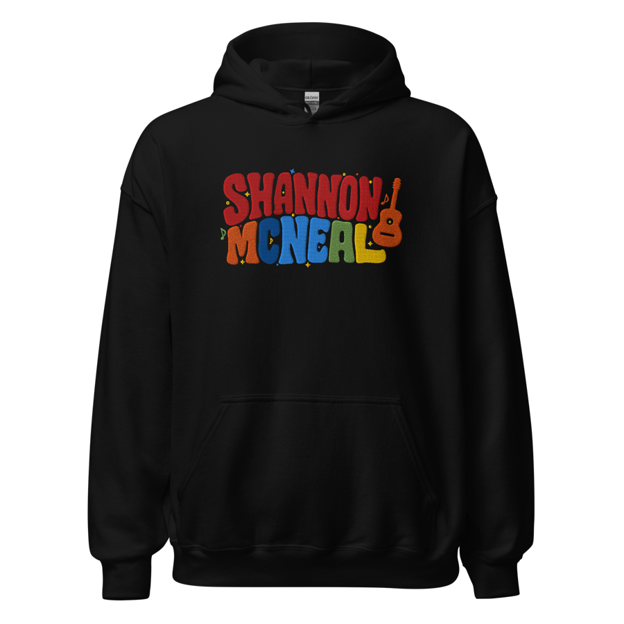 Black hoodie with the multicolor retro Shannon McNeal logo